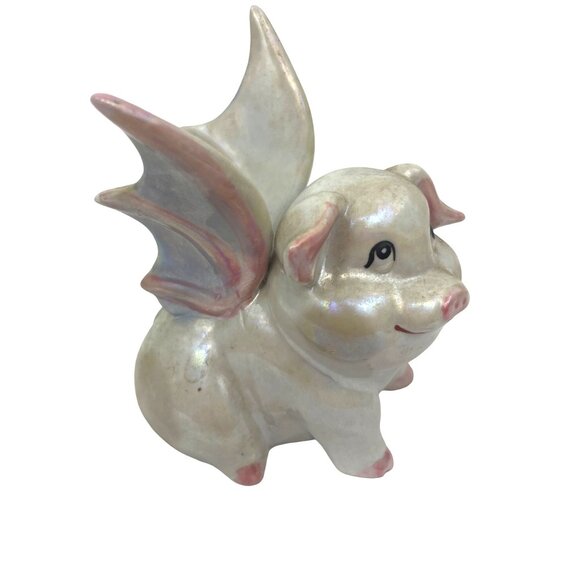Adorable Collectible Porcelain Flying Pig Figurine With Iridescent Finish Hand-P - Picture 2 of 8